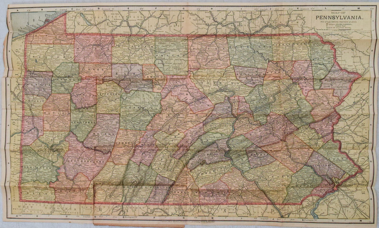 1886 Matthews Map of Pennsylvania -- Map of Pennsylvania: Title: 1886 Matthews Map of Pennsylvania -- Map of PennsylvaniaCartographer: Matthews, Northrup & Co.Year/Place: 1886, BuffaloMap Dimension (in.): 11.8 X 19.7 in.Description: This is a superb folding
