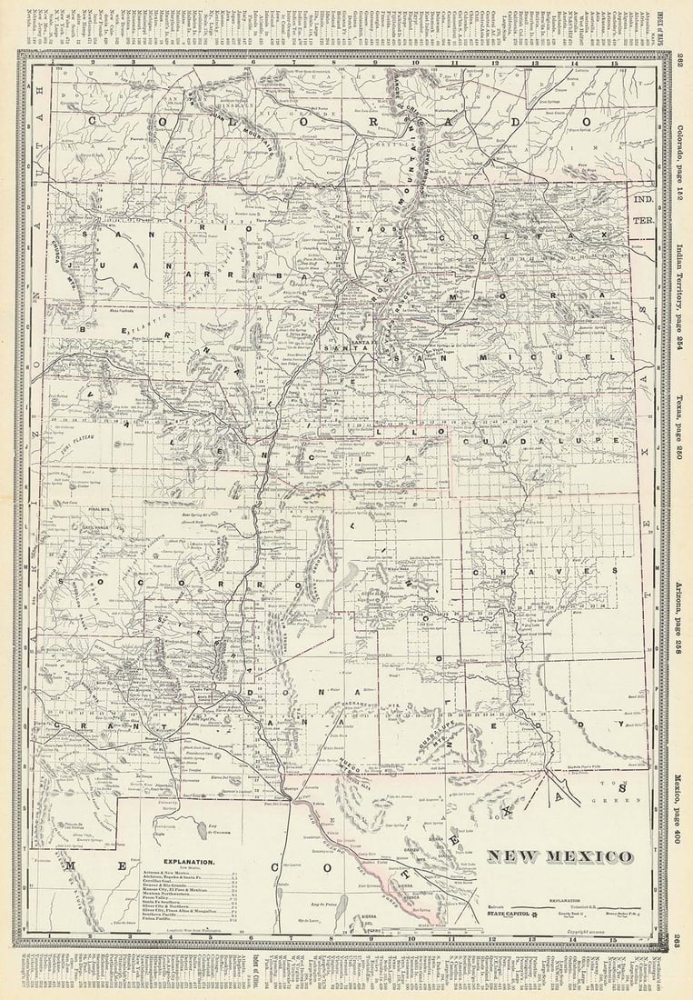 New Mexico: Publication Date: c1890 Title: New Mexico Cartographer: CRAM Publisher: CRAM Brief Description: Details counties, towns, railroads (finished & unfinished), topography, roads, Indian reservations, etc.