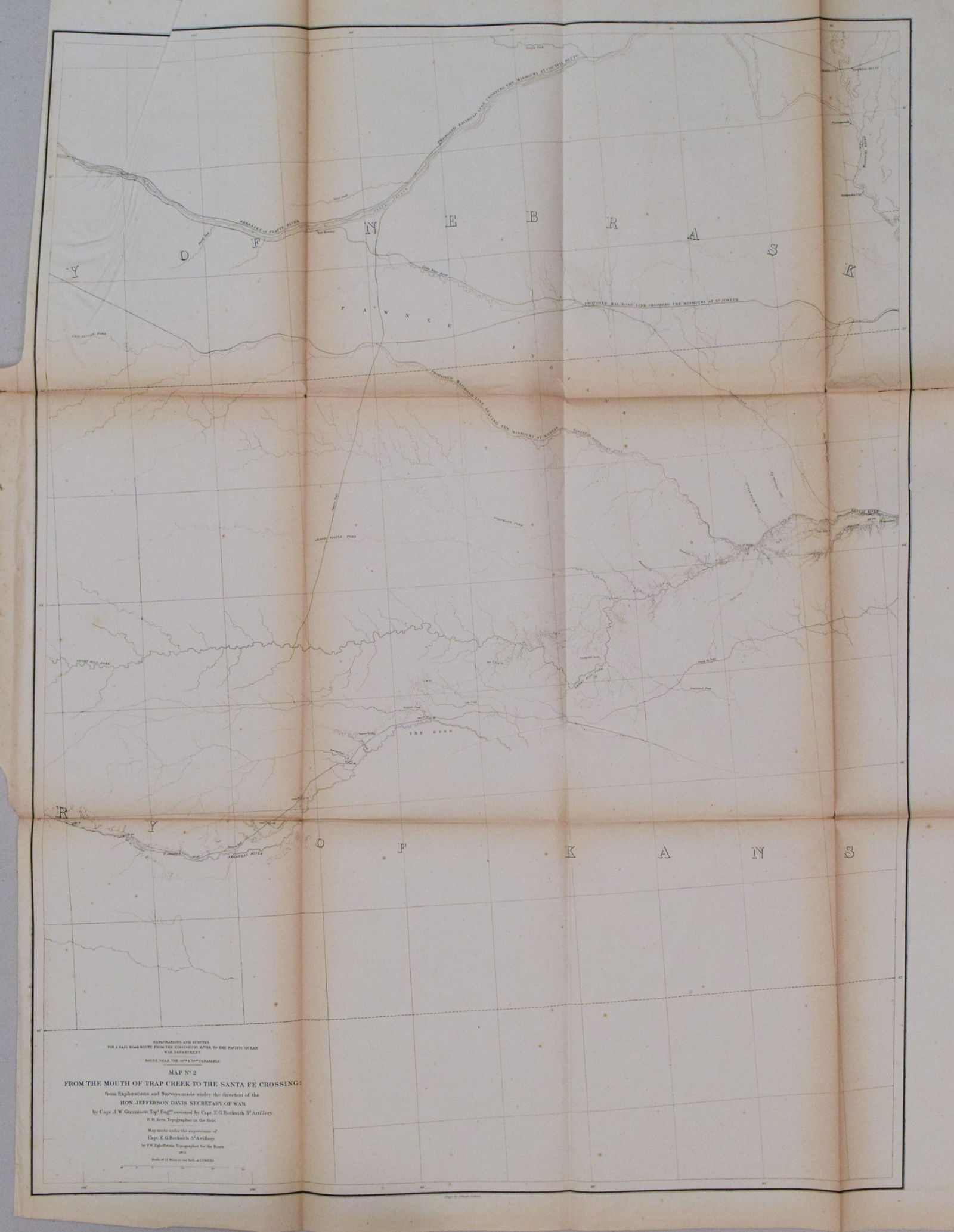 1855 Gunnison Map of Kansas and Nebraska -- Map No. 2 - From the Mouth of Trap Creek to the Santa Fe: Title: 1855 Gunnison Map of Kansas and Nebraska -- Map No. 2 - From the Mouth of Trap Creek to the Santa Fe Crossing Under the direction of the Hon. Jefferson Davis...By Capt. J.W. Gunnison Topl.