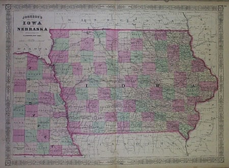 Johnson's Iowa and Nebraska: Publication Date: c1864Title: Johnson's Iowa and NebraskaCartographer: JOHNSON, A.J.Publisher: A.J. JohnsonBrief Description: Shows entire state of Iowa and the eastern part of Nebraska. Details