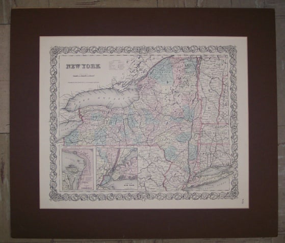 New York: Publication Date: c1855 Title: New York Cartographer: COLTON, J.H. Publisher: J.H. COLTON & CO. Brief Description: Bright clean map showing insets of Vicinity of Niagara Falls and Vicinity of New York