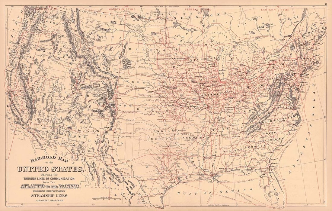 Railroad Map of the United States Showing the Through Lines of Communication from The Atlantic to (1 of 2)