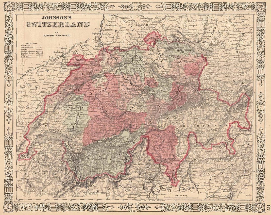 Johnson's Switzerland: Publication Date: 1864 Title: Johnson's Switzerland Cartographer: JOHNSON, ALVIN JEWETT Publisher: JOHNSON AND WARD Brief Description: Map showing the Cantons of Switzerland separately colored. Decora