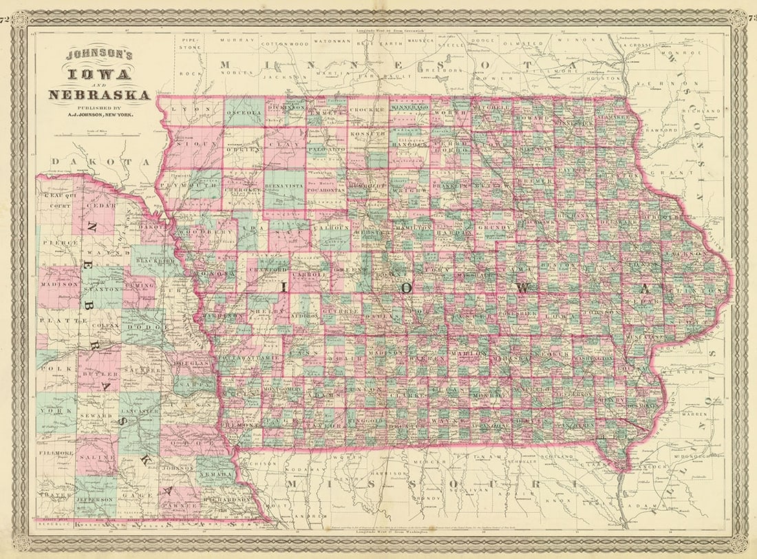 Johnson's Iowa and Nebraska: Publication Date: c1864 Title: Johnson's Iowa and Nebraska Cartographer: JOHNSON, A.J. Publisher: A.J. Johnson Brief Description: Map showing counties (w/districts separately colored in IA), towns, to