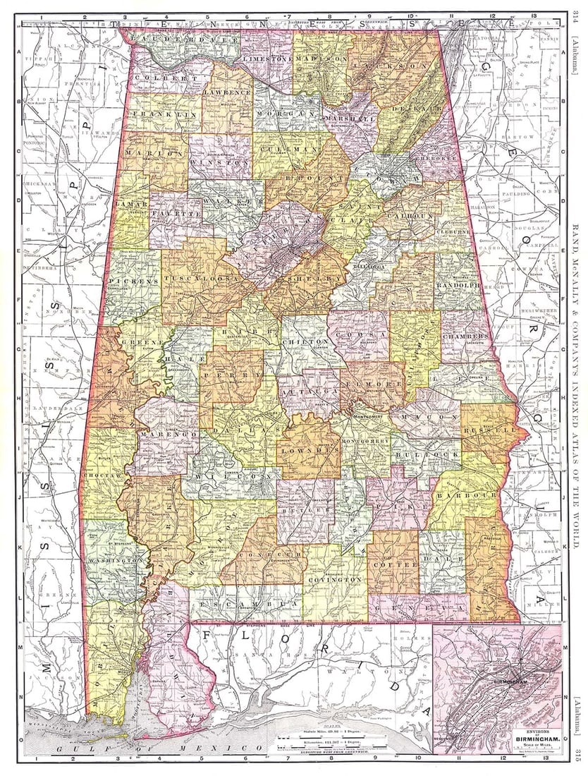 Alabama Rand, McNally & Co.'S Indexed Atlas of the World: Publication Date: 1898Title: Alabama Rand, McNally & Co.'S Indexed Atlas of the WorldCartographer: RAND, MCNALLY & CO.Publisher: RAND, MCNALLY & CO.Brief Description: Counties separately colored,