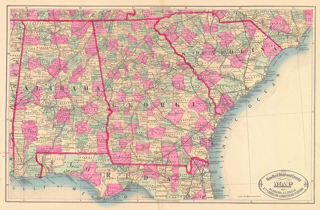 New Railroad and County Map of Alabama, Georgia, South Carolina & Northern Florida: Publication Date: 1882Title: New Railroad and County Map of Alabama, Georgia, South Carolina & Northern FloridaCartographer: CRAM, GEO. F.Publisher: CRAM, GEO. F.Brief Description: V. scarce early