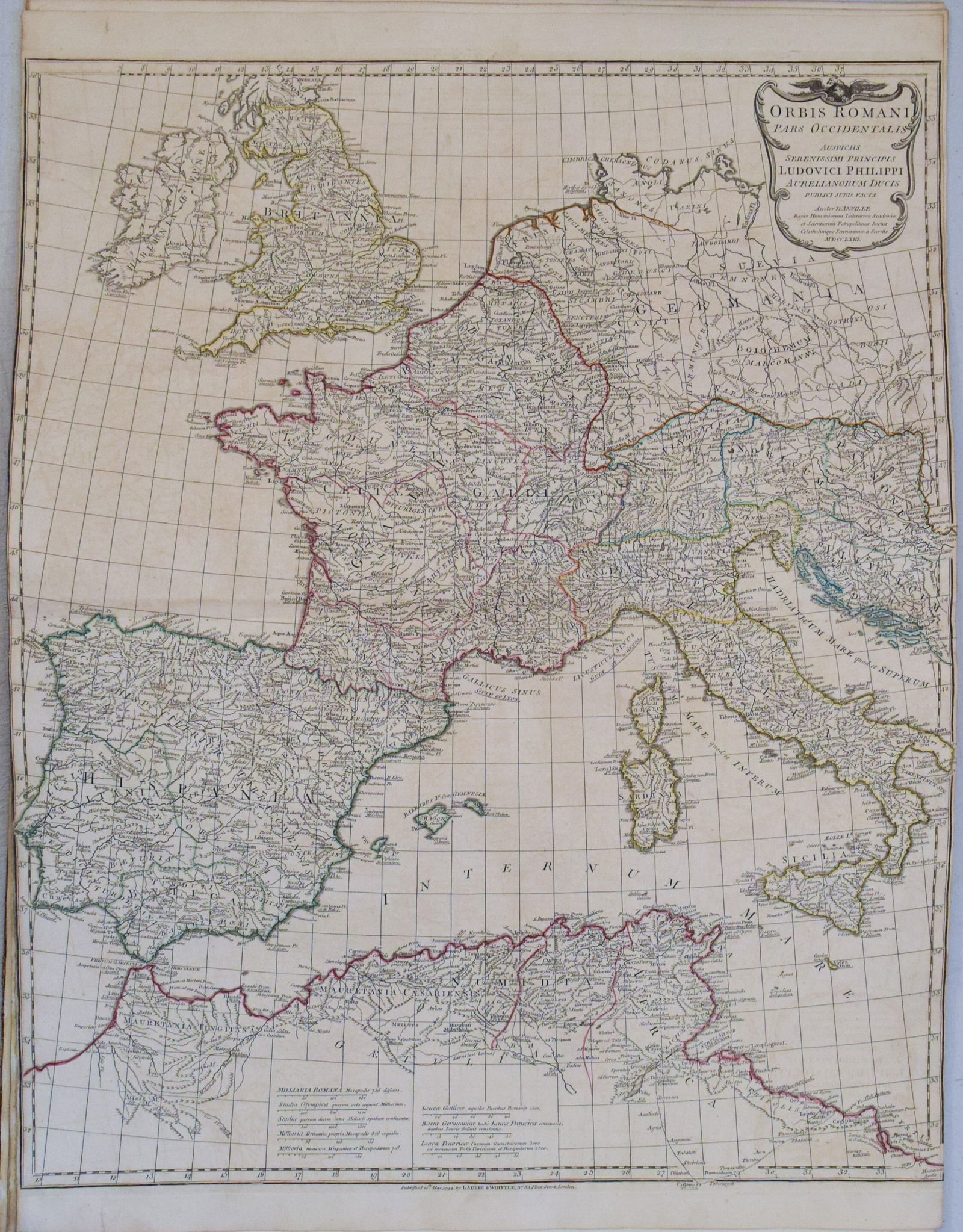 1763 d'Anville Map of Western Roman Empire from Spain, England, Germany, Italy to Hungary to Africa: Title: 1763 d'Anville Map of Western Roman Empire from Spain, England, Germany, Italy to Hungary to Africa -- Orbis Romani Pars Occidentalis Auspiciis Serenissimi Principis . . . MDCCLXIII Cartographe