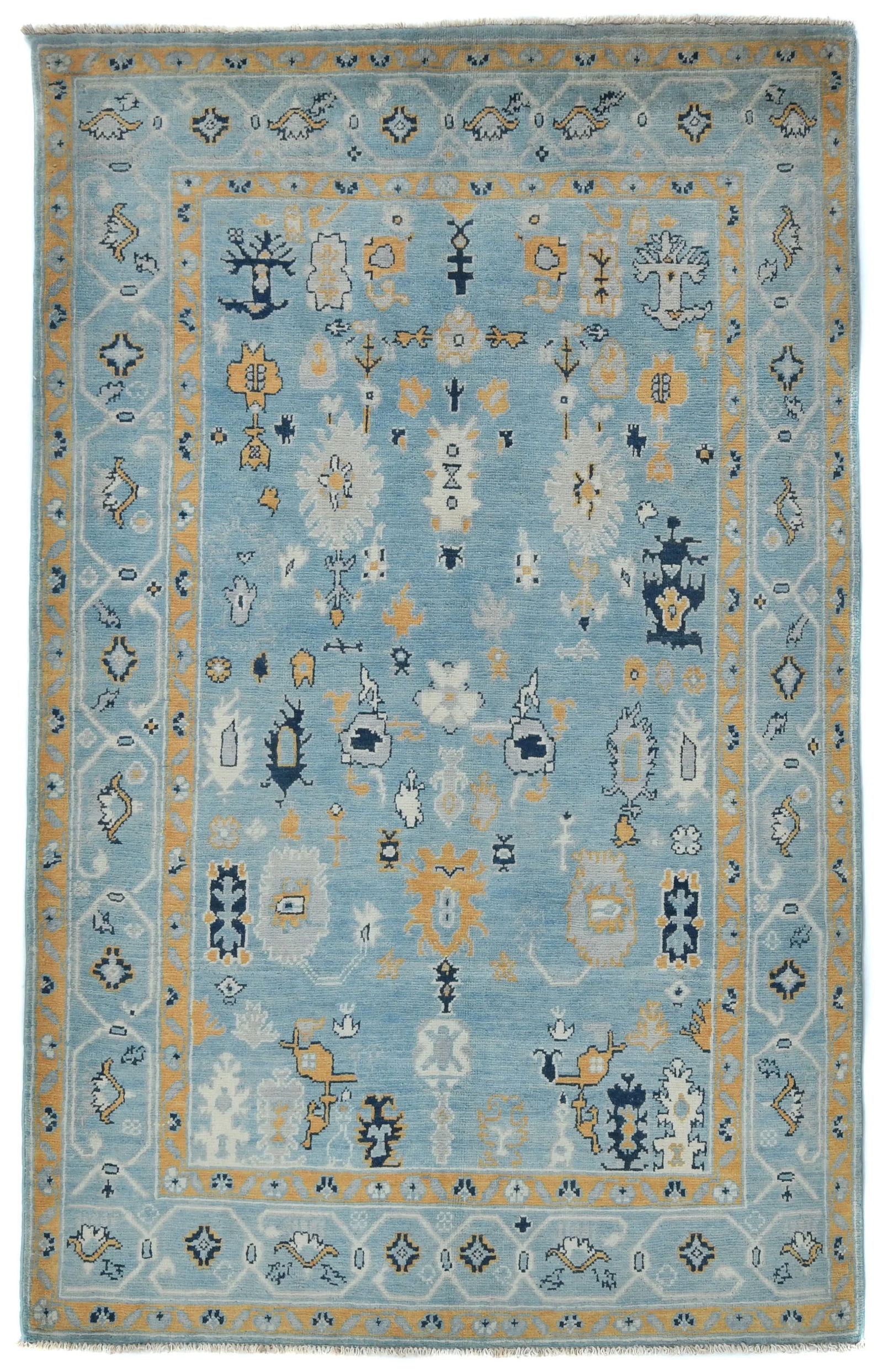 Light Blue Floral Modern 4X6 Oushak Kazak Pakistan Oriental Rug: Title: Light Blue Floral Modern 4X6 Oushak Kazak Pakistan Oriental RugDescription:Hand Knotted 4X6 light blue oriental rug made with vegetable dyes (fine wool pile and cotton foundation), superior