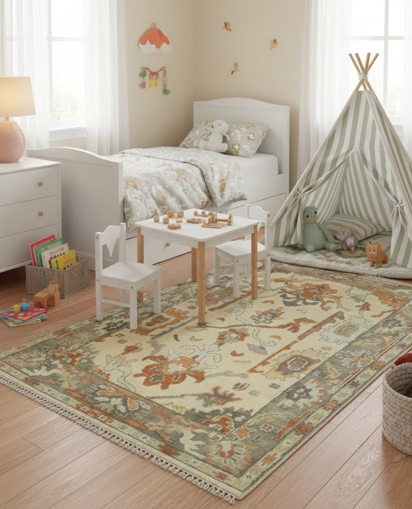 Muted Cream Floral 4X6 Oushak Chobi Oriental Rug - 2