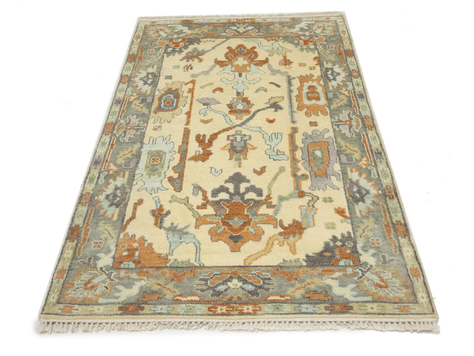 Muted Cream Floral 4X6 Oushak Chobi Oriental Rug - 3