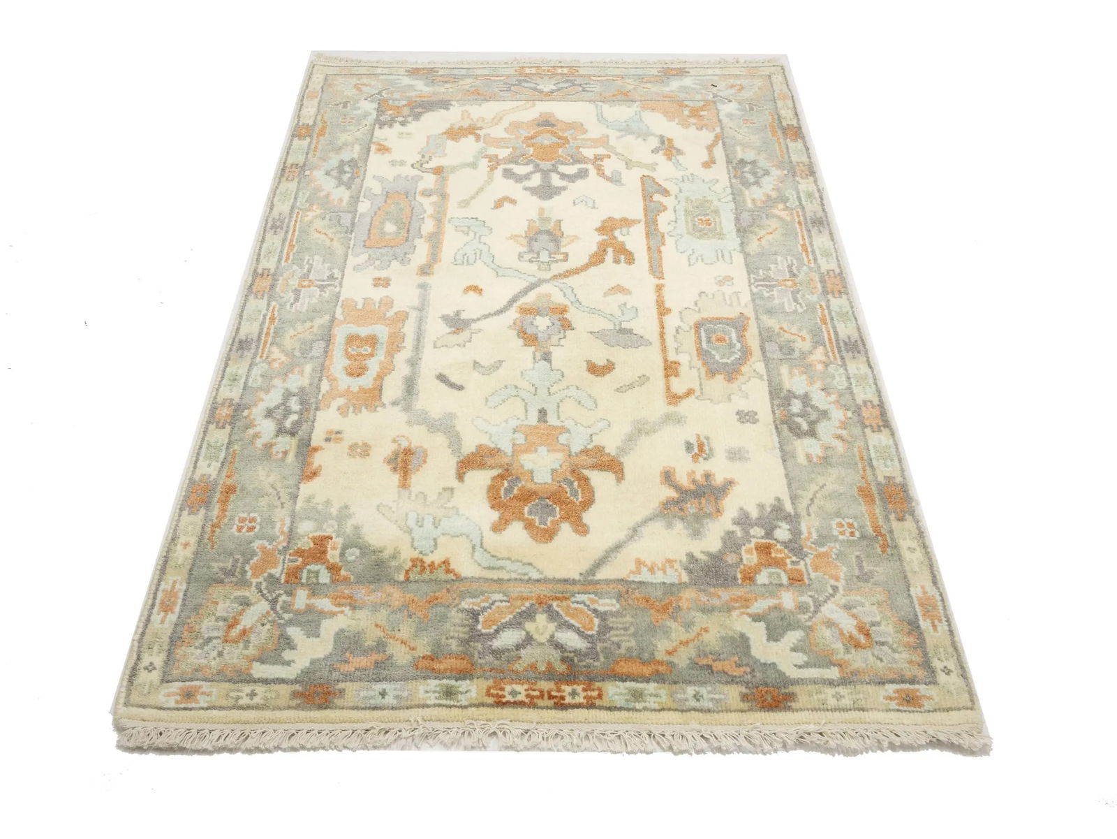 Muted Cream Floral 4X6 Oushak Chobi Oriental Rug - 5