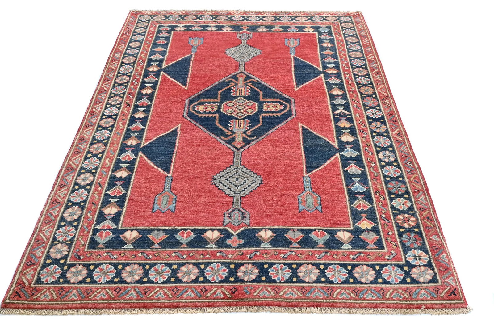 Red Modern Geometric 4X6 Kazak Oushak Oriental Rug - 10