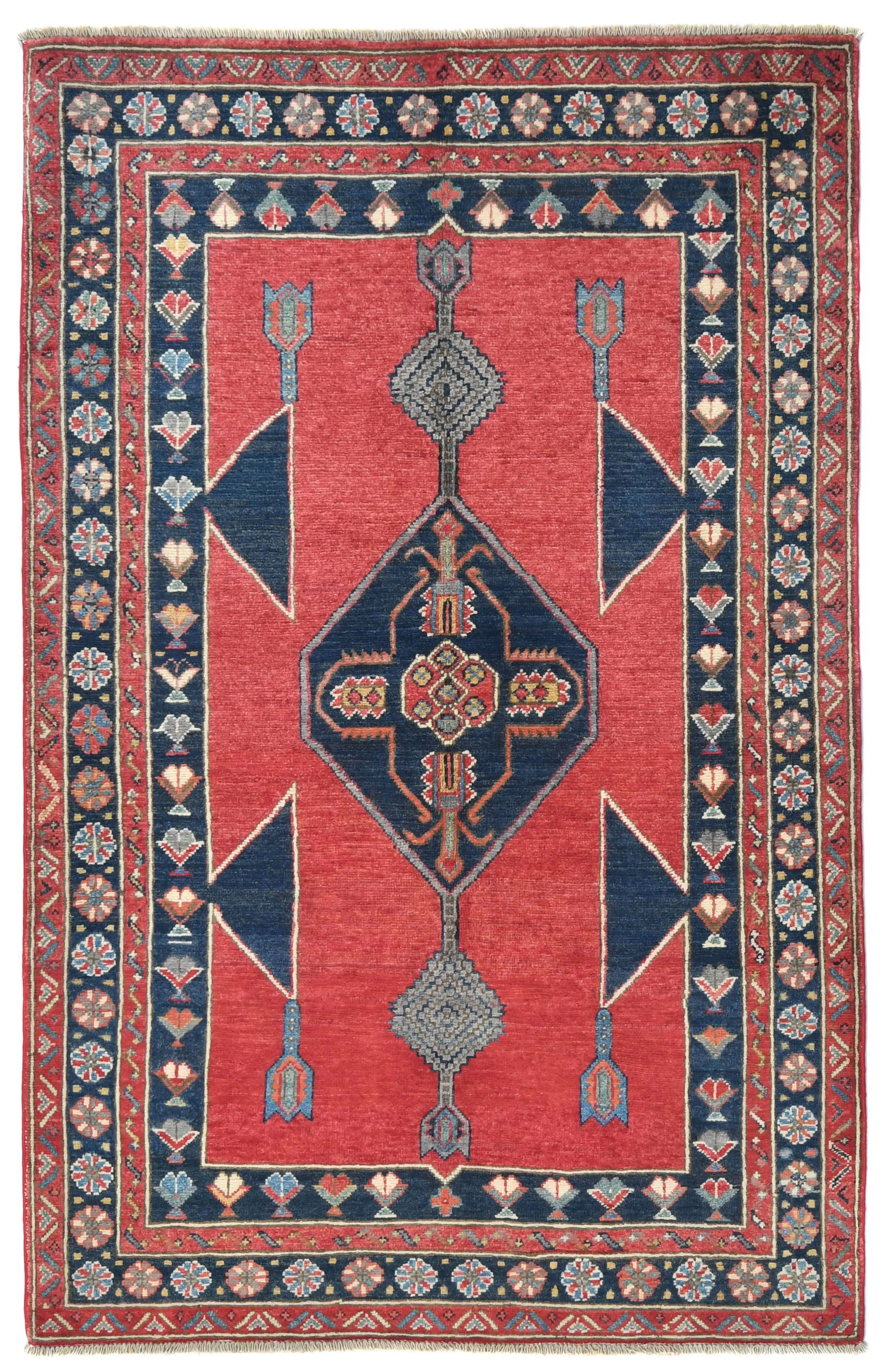 Red Modern Geometric 4X6 Kazak Oushak Oriental Rug: Title: Red Modern Geometric 4X6 Kazak Oushak Oriental Rug Description:Hand Knotted 4X6 red Oriental rug made with vegetable dyes (fine wool pile and cotton foundation), exceptional knot count, and app