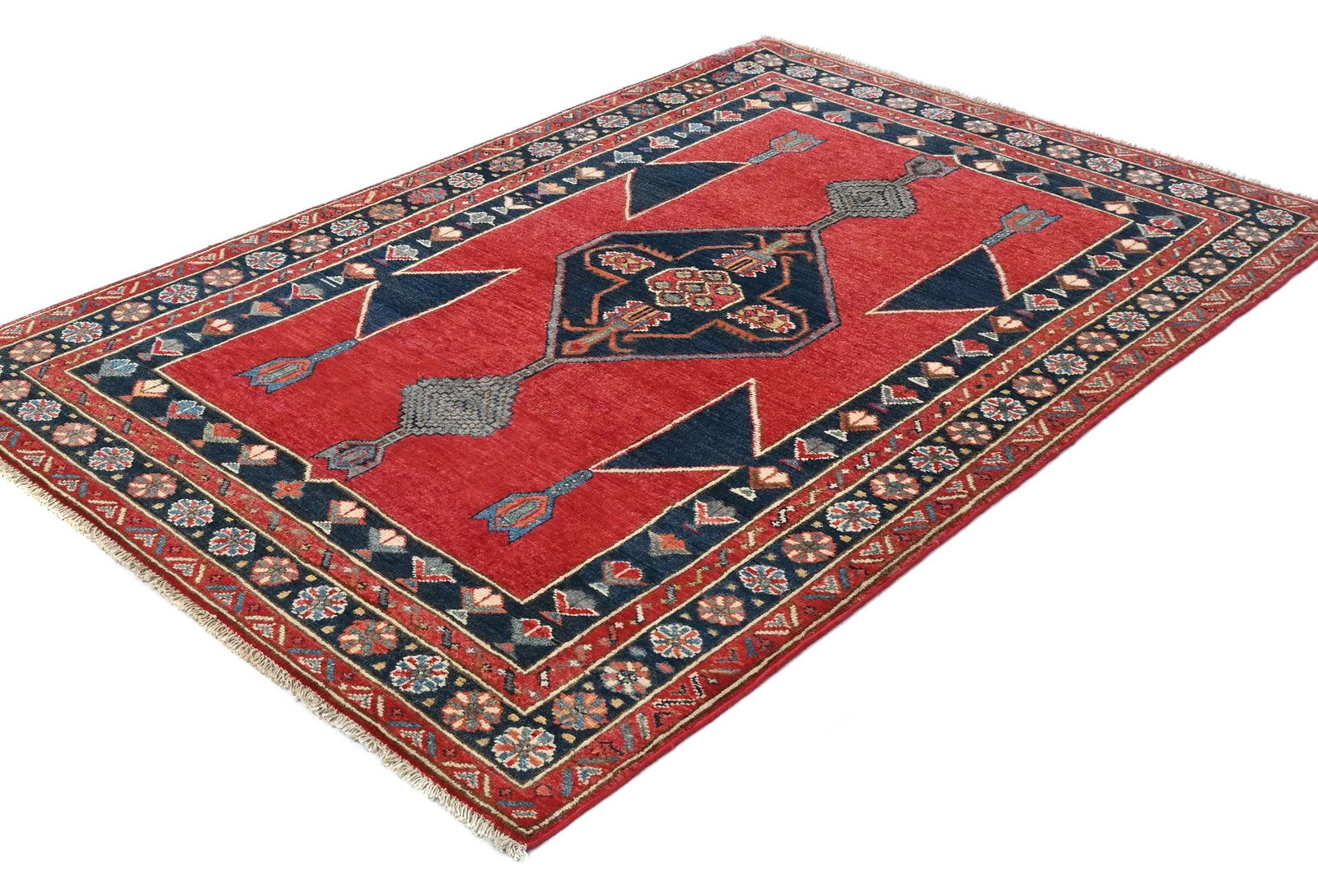 Red Modern Geometric 4X6 Kazak Oushak Oriental Rug - 4