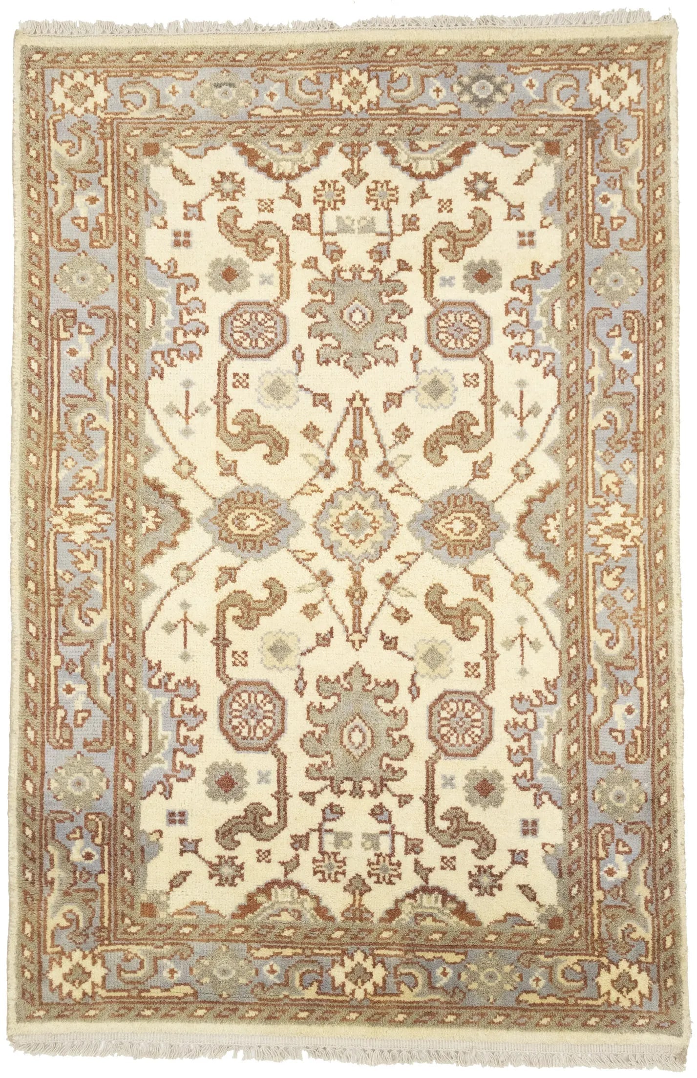 Muted Cream Floral 4X6 Oushak Chobi Oriental Rug: Title: Muted Cream Floral 4X6 Oushak Chobi Oriental RugDescription:Hand Knotted 4X6 Cream oriental rug made with vegetable dyes (fine wool pile and cotton foundation), superior knot count, and