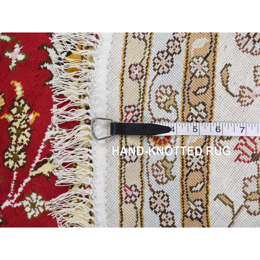 Fire Brick Red, Hand Knotted, Silken, 300 KPSI, Round Oriental Rug - 9