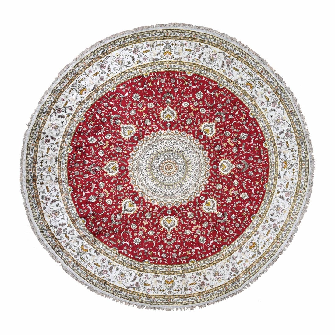 Fire Brick Red, Hand Knotted, Silken, 300 KPSI, Round Oriental Rug: Title: Fire Brick Red, Hand Knotted, Silken, 300 KPSI, Round Oriental Rug Description:This is a truly genuine one-of-a-kind. It has been Knotted for months and months in the centuries-old weaving craf