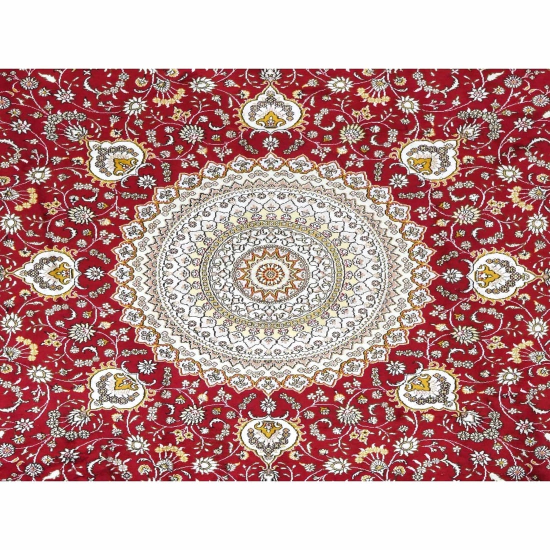 Fire Brick Red, Hand Knotted, Silken, 300 KPSI, Round Oriental Rug - 5