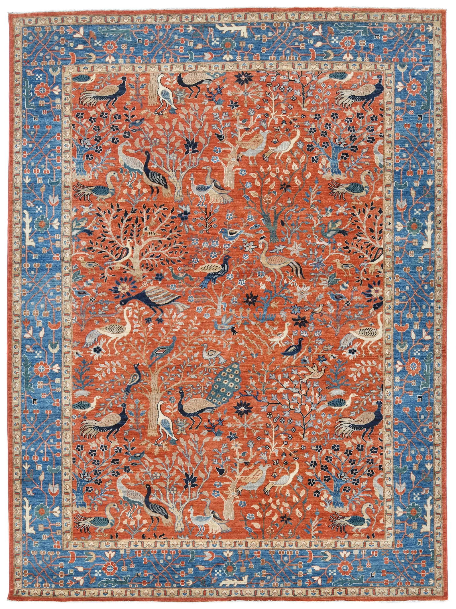Orange Pictorial Tribal 9X12 Oushak Oriental Rug: Title: Orange Pictorial Tribal 9X12 Oushak Oriental RugDescription:Hand Knotted 9X12 Orange oriental rug made with natural dyes (fine wool pile and cotton foundation), superior knot count, and