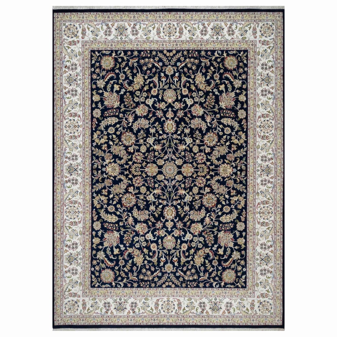 Graphite Blue Nain with Flower Design Wool and Silk Hand Knotted Rug: Title: Graphite Blue Nain with Flower Design Wool and Silk Hand Knotted Rug Description:This is a truly genuine one-of-a-kind. It has been Knotted for months and months in the centuries-old weaving cr