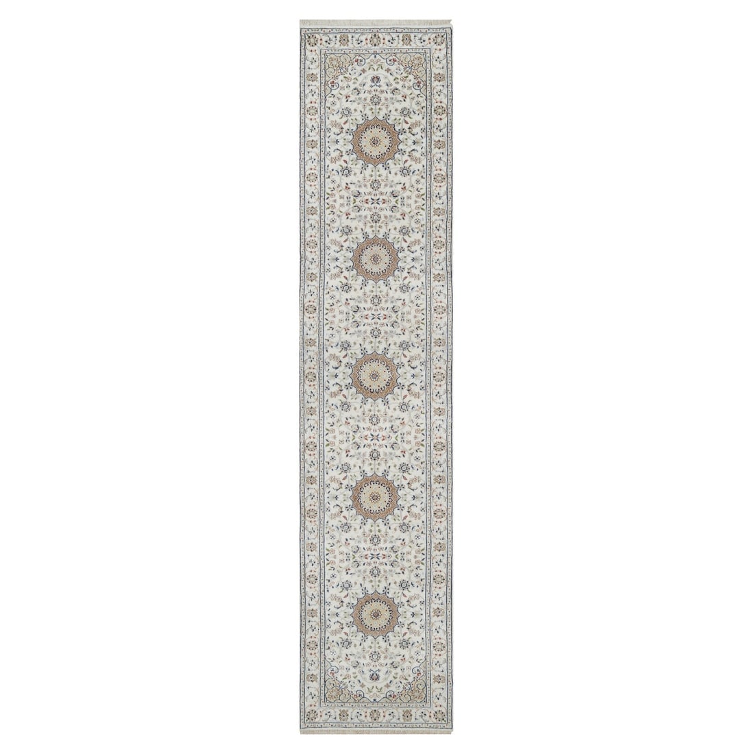 White Nain with Flower Design 250 KPSI Hand Knotted Wool and Silk Rug: Title: White Nain with Flower Design 250 KPSI Hand Knotted Wool and Silk RugDescription:This is a truly genuine one-of-a-kind. It has been Knotted for months and months in the centuries-old weaving