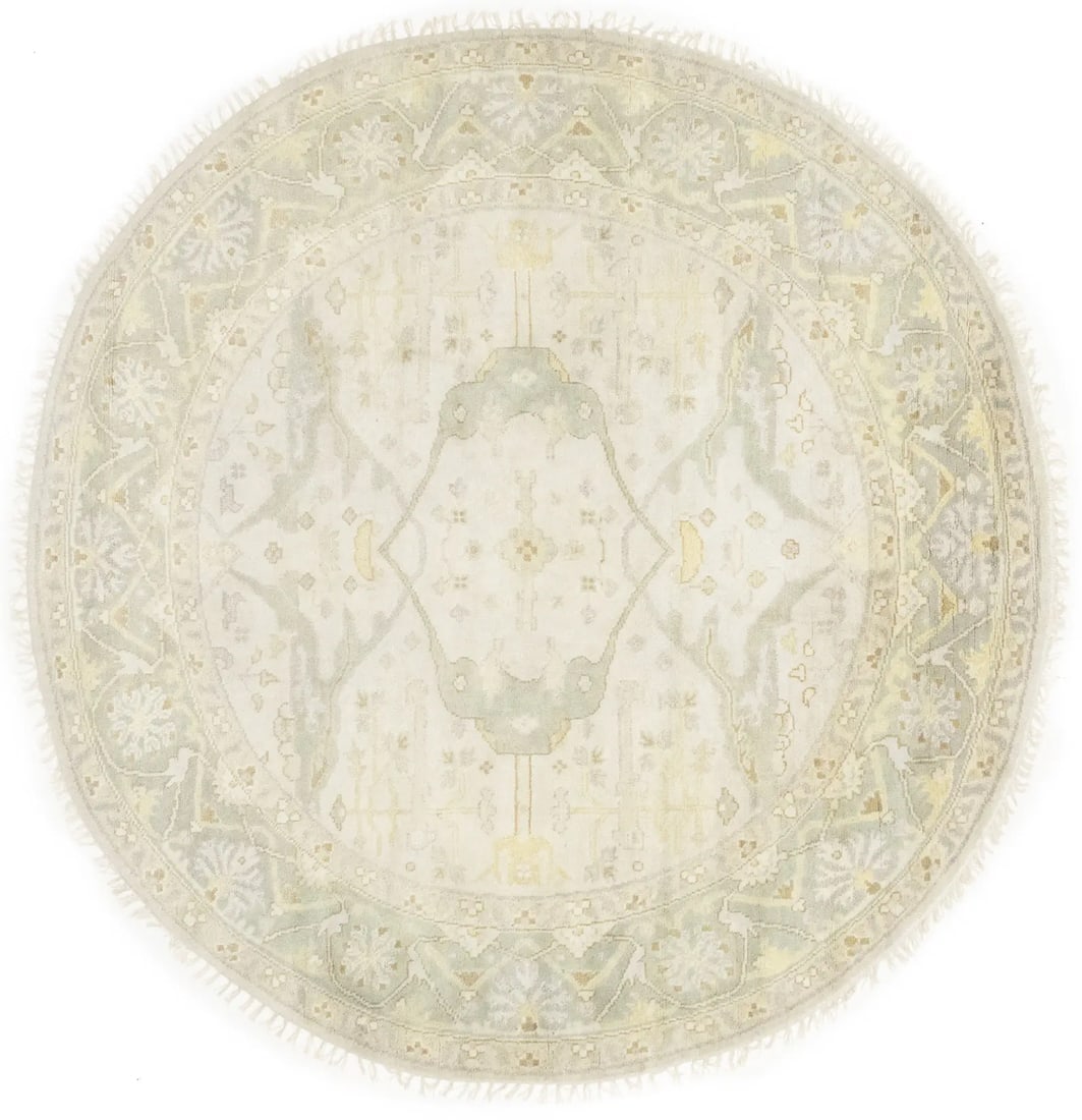 Muted Cream Floral Transitional 8X8 Oushak Chobi Oriental Round Rug: Title: Muted Cream Floral Transitional 8X8 Oushak Chobi Oriental Round RugDescription:Hand Knotted 8X8 cream Oriental rug made with vegetable dyes (fine wool pile and cotton foundation), superior