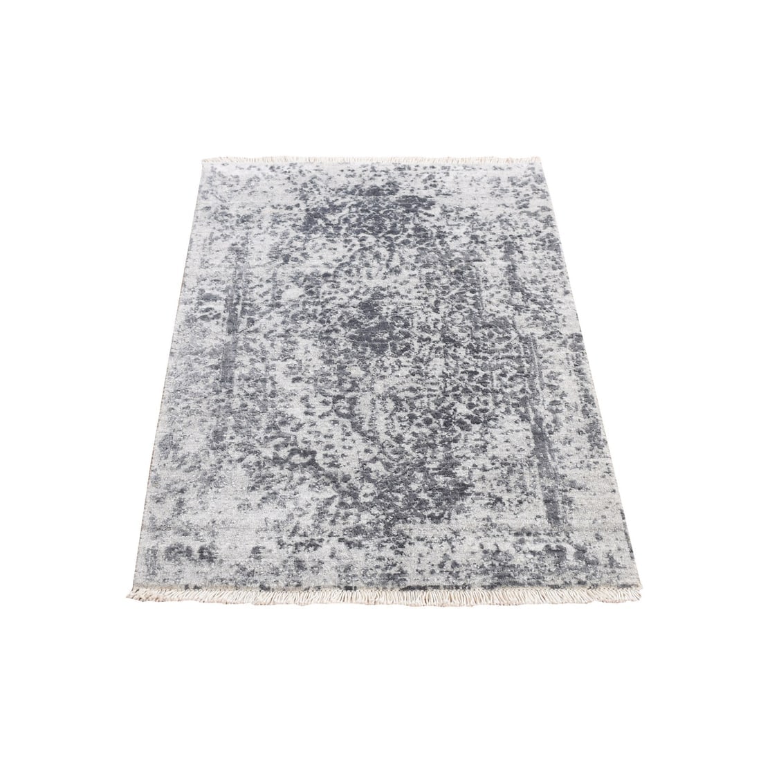 Gray, Broken Persian Design, Hand Knotted, Wool and Silk, Mat Rug: Title: Gray, Broken Persian Design, Hand Knotted, Wool and Silk, Mat RugDescription: This is a truly genuine one-of-a-kind. It has been Knotted for months and months in the centuries-old weaving
