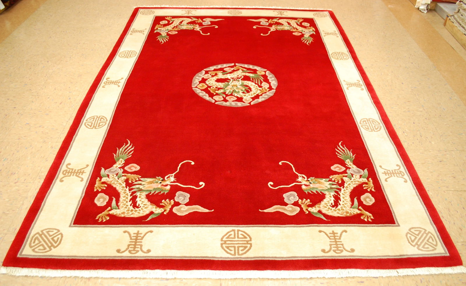 CHINESE NICHOLS RUG 6' x 9': Title:CHINESE NICHOLS RUG 6' x 9' Description:ANTIQUE ESTATE TREASURE ART DECO WALTER NICHOLS CHINESE RUG with exact size of 6' x 9' ....Gorgeous Chinese DROGEN DESIGN over GREAT HAPPY COLOR