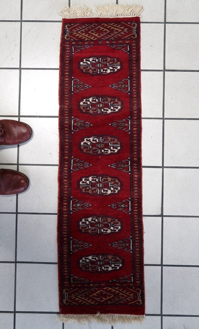 Handmade Vintage Uzbek Bukhara Rug 1' x 3.9' (32cm x 120cm), 1960s: Title:Handmade Vintage Uzbek Bukhara Rug 1' x 3.9' (32cm x 120cm), 1960sOrigin:UzbekistanDimension:1' x 3.9' (32cm x 120cm)Materials:woolYear:1960sDescription:Introducing our Handmade Vintage Uzbek