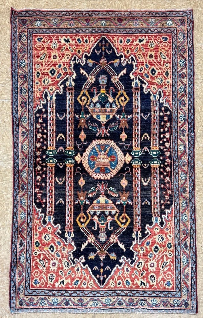 Persian Hamedan Wool Rug, Navy Hand-Knotted Tribal, 3'6" x 5'11" - 2
