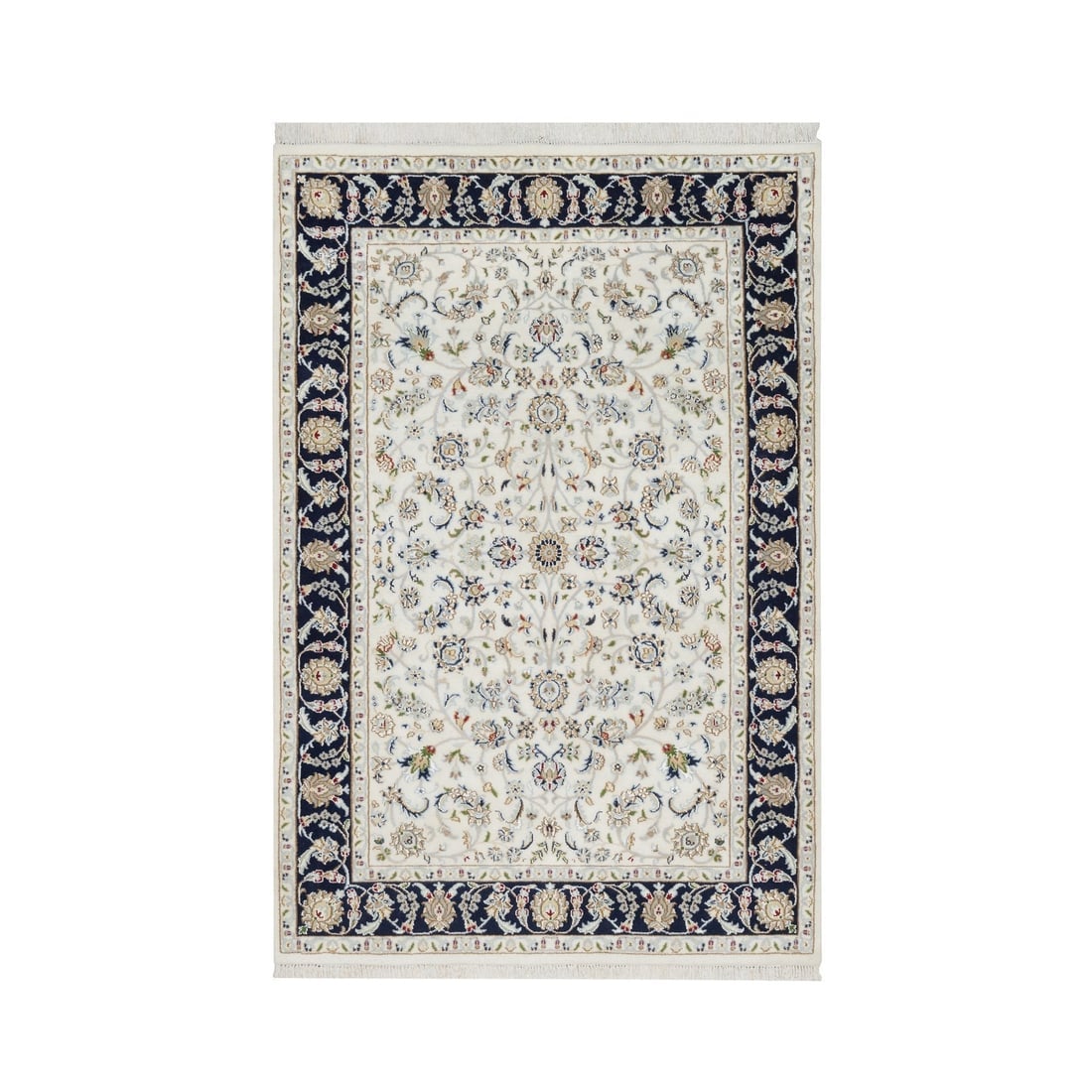 Rice White, Nain Design, 250 KPSI, Wool and Silk, Hand Knotted Rug: Title: Rice White, Nain Design, 250 KPSI, Wool and Silk, Hand Knotted Rug Description:This is a truly genuine one-of-a-kind. It has been Knotted for months and months in the centuries-old weaving craf