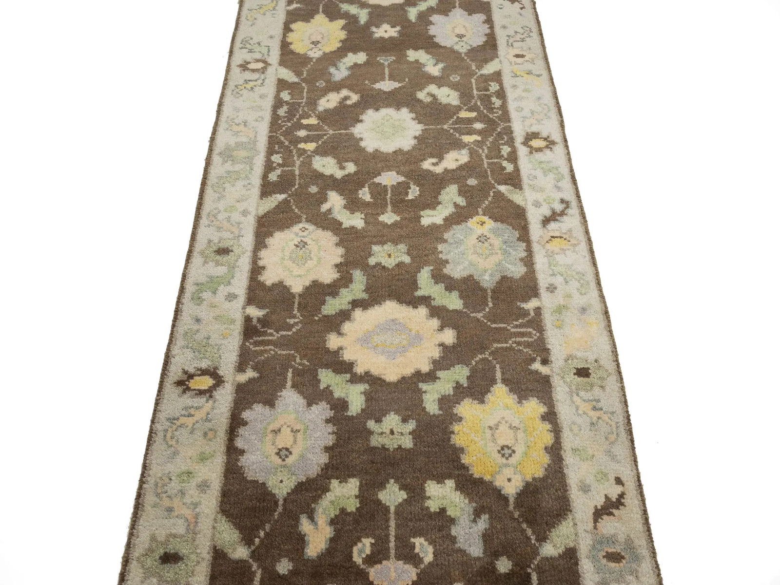 Muted Brown Floral 3X12 Transitional Oushak Chobi Oriental Runner Rug - 14
