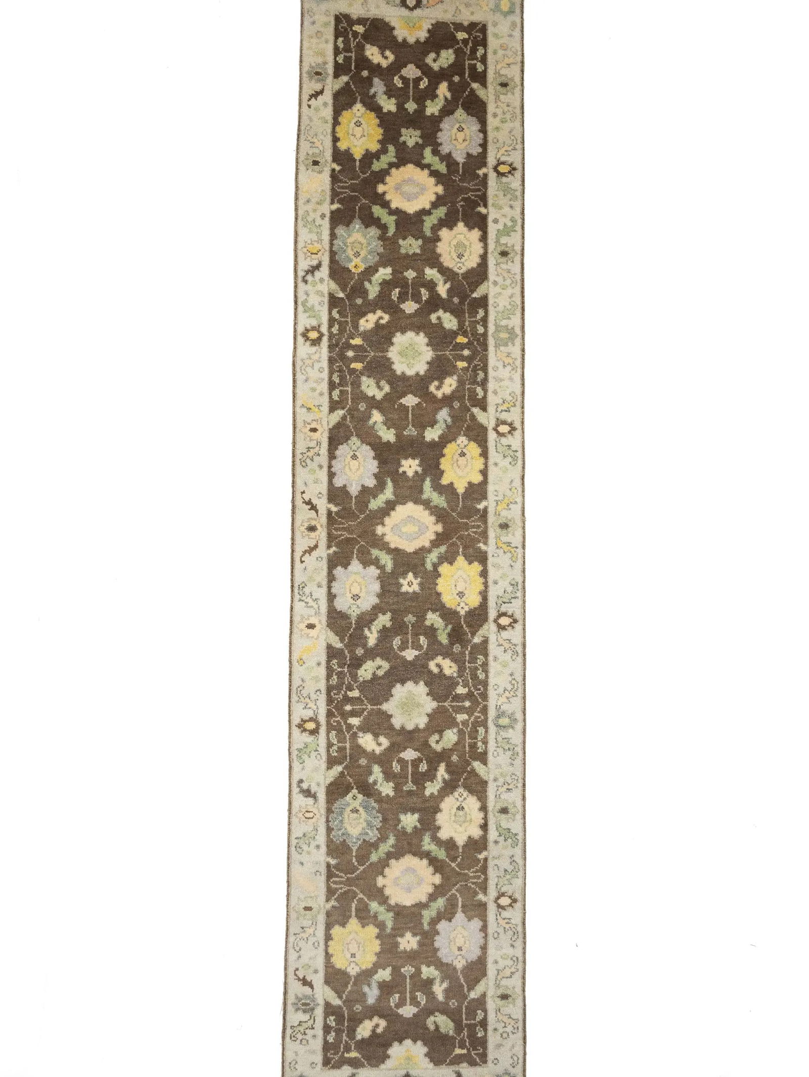 Muted Brown Floral 3X12 Transitional Oushak Chobi Oriental Runner Rug: Title: Muted Brown Floral 3X12 Transitional Oushak Chobi Oriental Runner RugDescription:Handmade 3X12 brown Oriental runner made with vegetable dyes (fine wool pile and cotton foundation),
