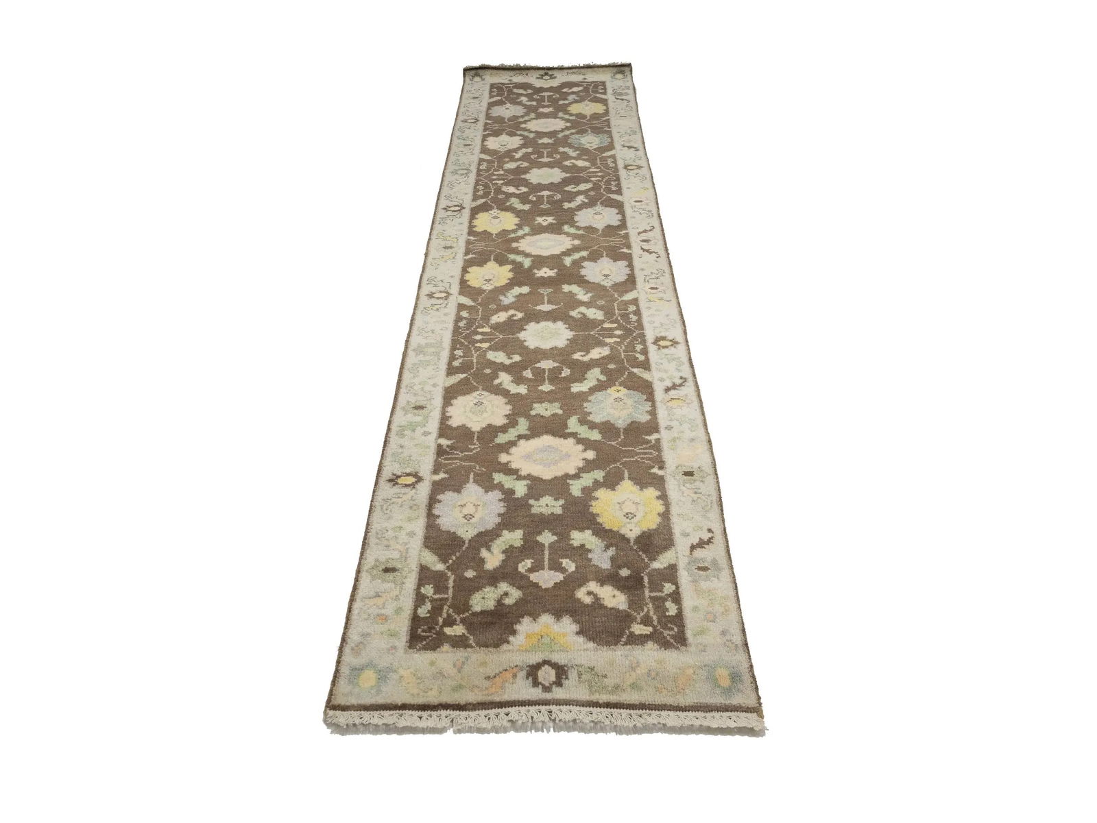 Muted Brown Floral 3X12 Transitional Oushak Chobi Oriental Runner Rug - 3