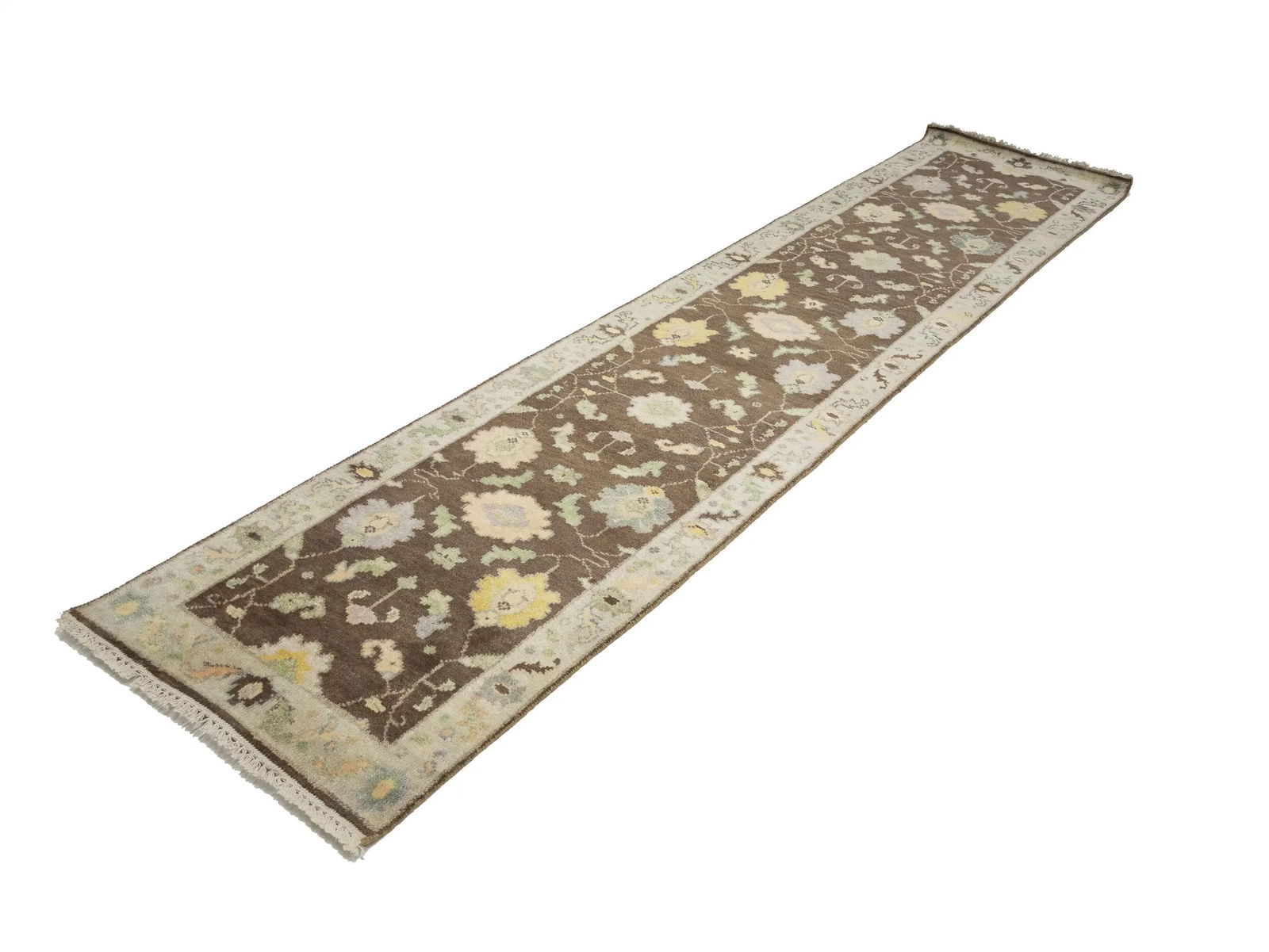 Muted Brown Floral 3X12 Transitional Oushak Chobi Oriental Runner Rug - 4