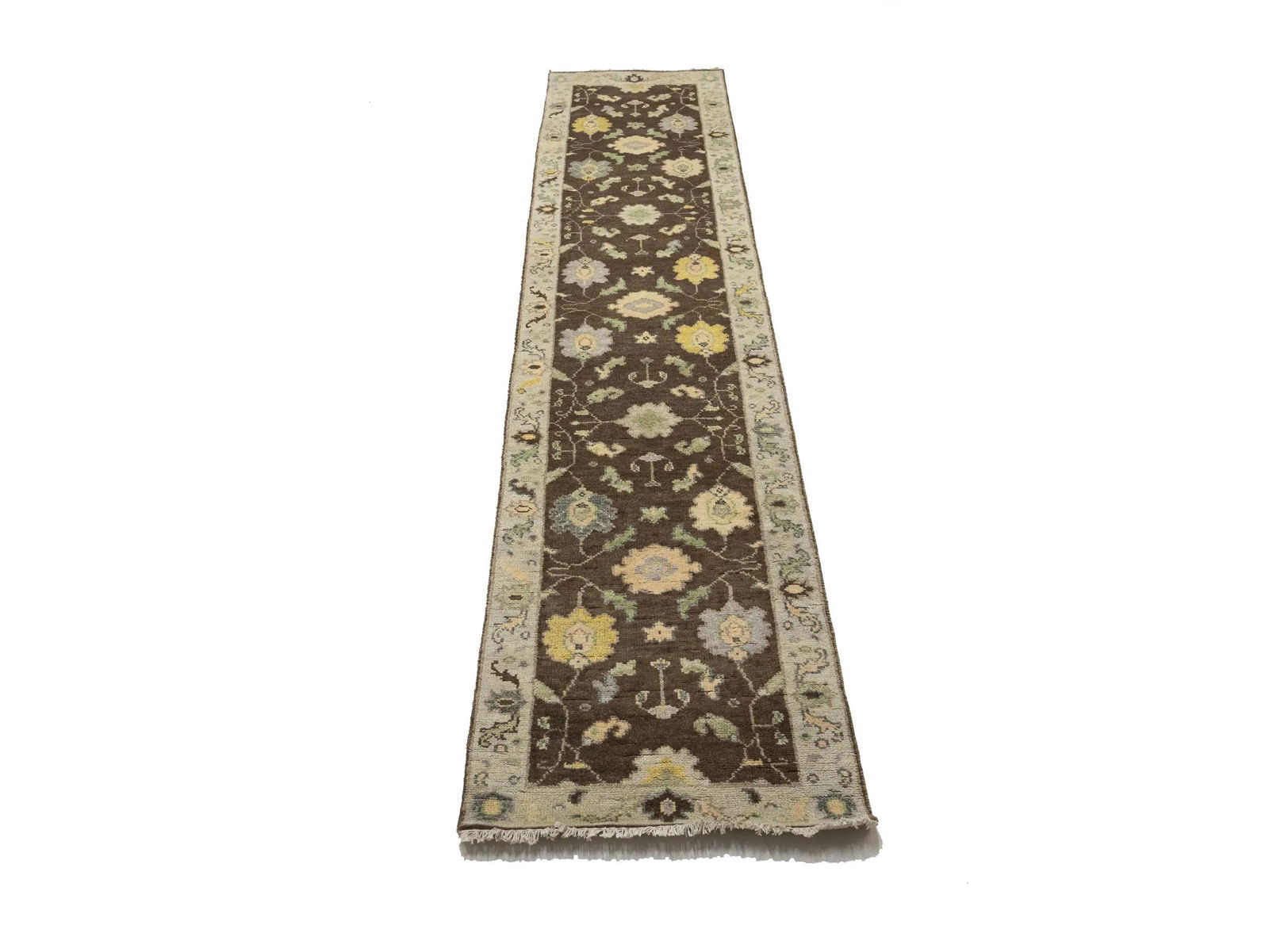 Muted Brown Floral 3X12 Transitional Oushak Chobi Oriental Runner Rug - 6