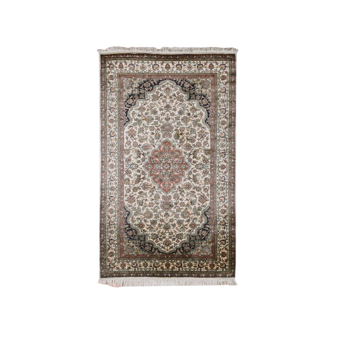 Alabaster White Hand Knotted Silk Intricate Medallion Design Rug: Title: Alabaster White Hand Knotted Silk Intricate Medallion Design RugDescription:This is a truly genuine one-of-a-kind. It has been Knotted for months and months in the centuries-old weaving