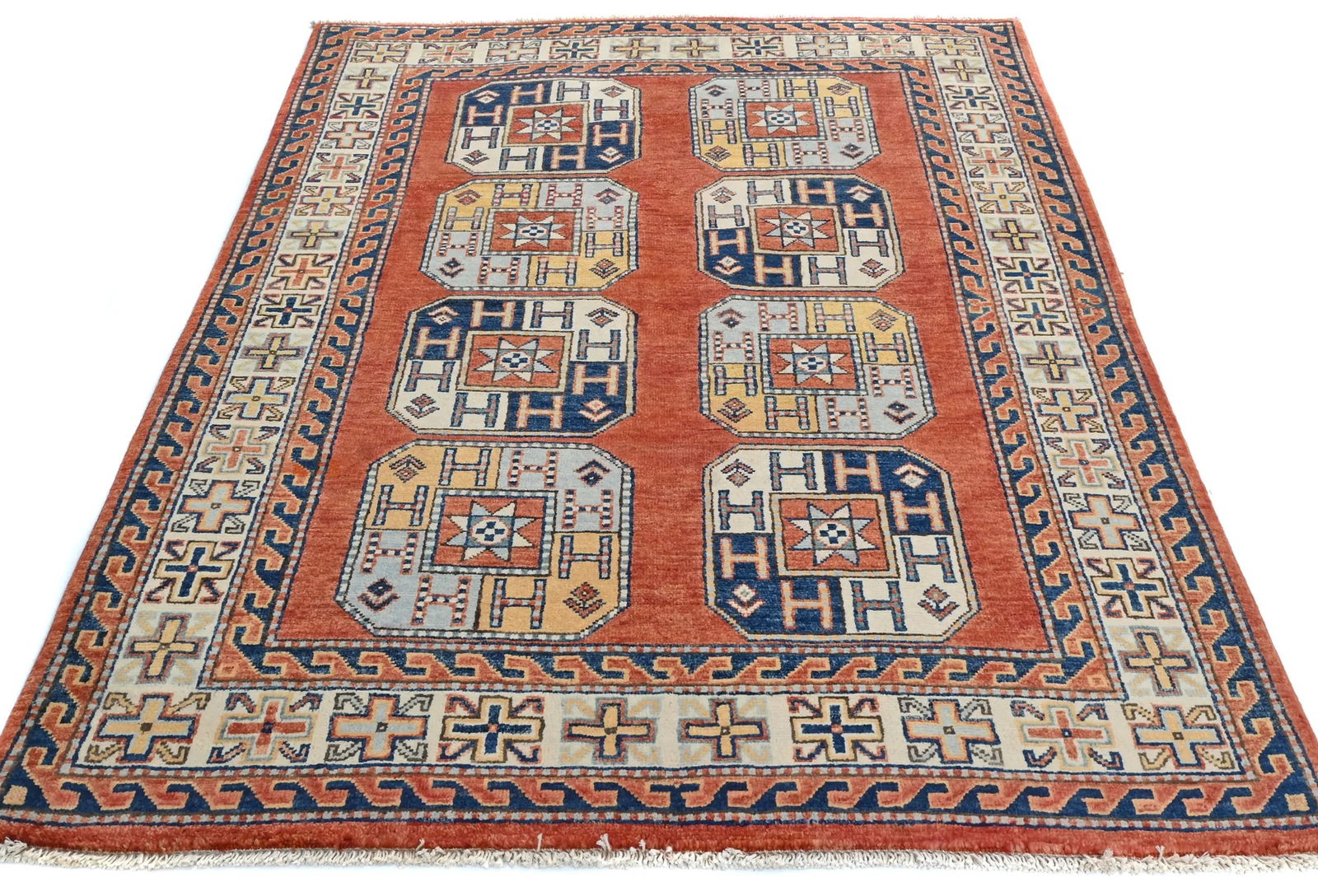 Dark Orange Modern Geometric 4X6 Kazak Oushak Pakistan Rug - 10