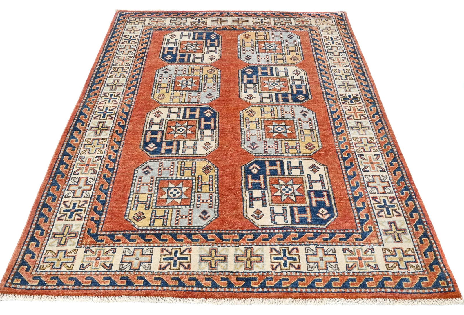 Dark Orange Modern Geometric 4X6 Kazak Oushak Pakistan Rug - 3