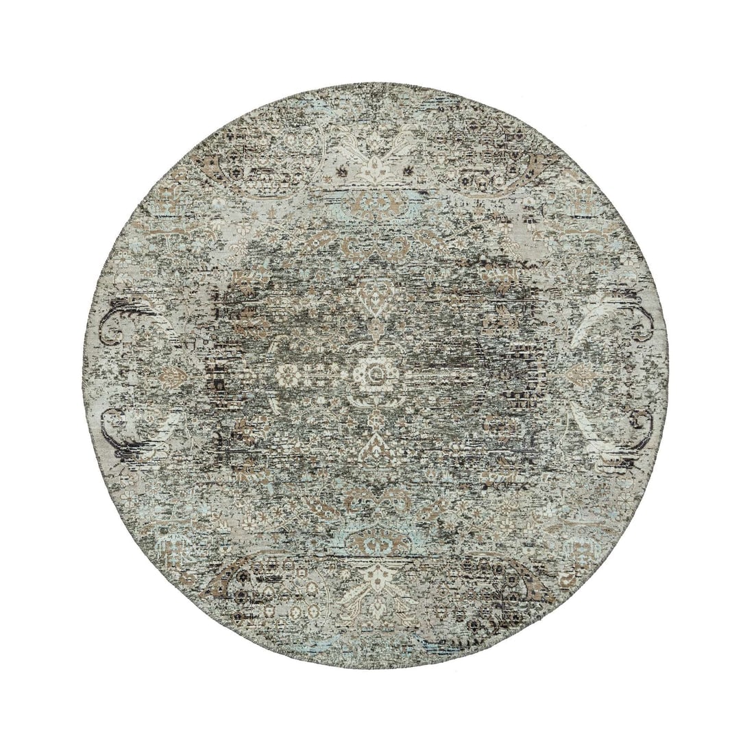 Downpipe Gray Hand Knotted Erased Design Wool and Silk Round Rug: Title: Downpipe Gray Hand Knotted Erased Design Wool and Silk Round Rug Description: This is a truly genuine one-of-a-kind. It has been Knotted for months and months in the centuries-old weaving craft