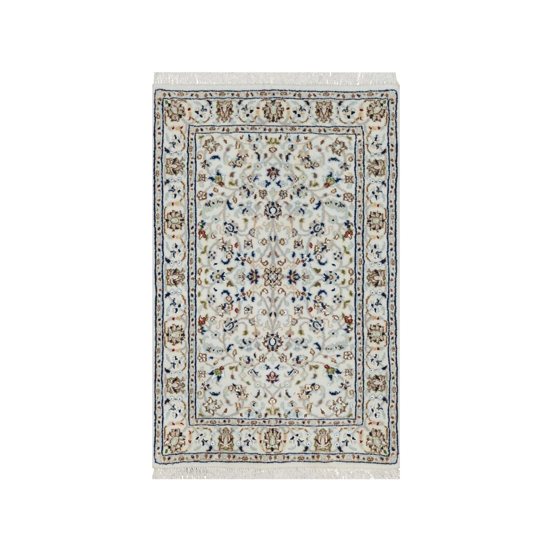 Cotton White Nain with Flower Design Wool and Silk Hand Knotted Rug: Title: Cotton White Nain with Flower Design Wool and Silk Hand Knotted RugDescription:This is a truly genuine one-of-a-kind. It has been Knotted for months and months in the centuries-old weaving
