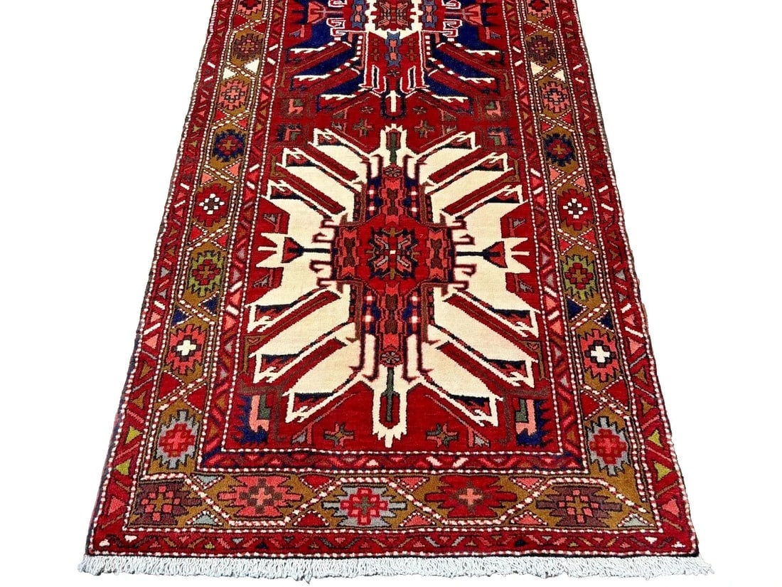 Hand-Knotted Karajeh Runner Red Wool Tribal Geometric Oriental Rug 3'7" x 9'8" - 3