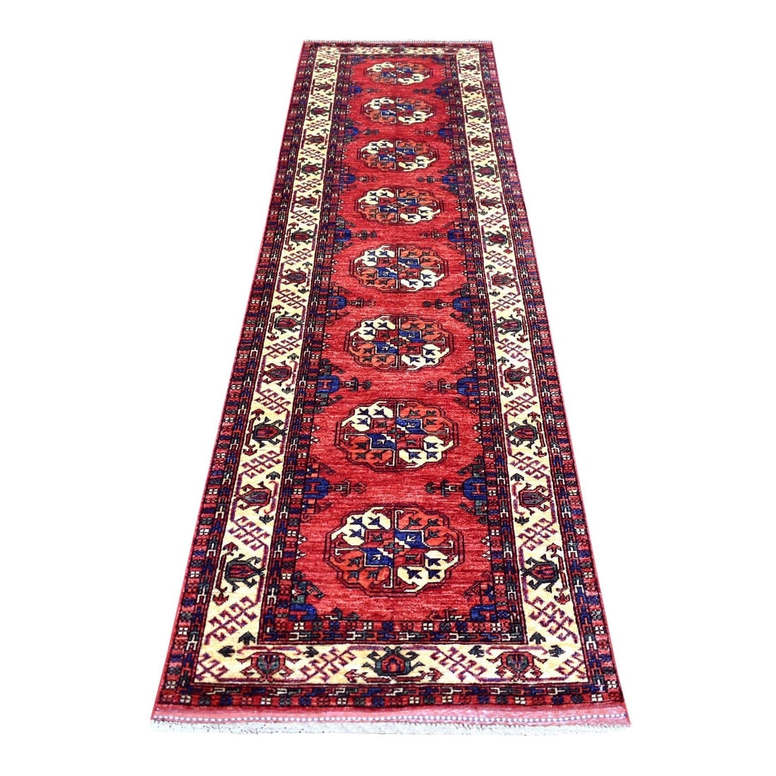 Coral Red, Afghan Ersari 100% Wool hand Knotted Oriental Runner Rug: Title: Coral Red, Afghan Ersari 100% Wool hand Knotted Oriental Runner RugDescription: This is a truly genuine one-of-a-kind. It has been Knotted for months and months in the centuries-old weaving