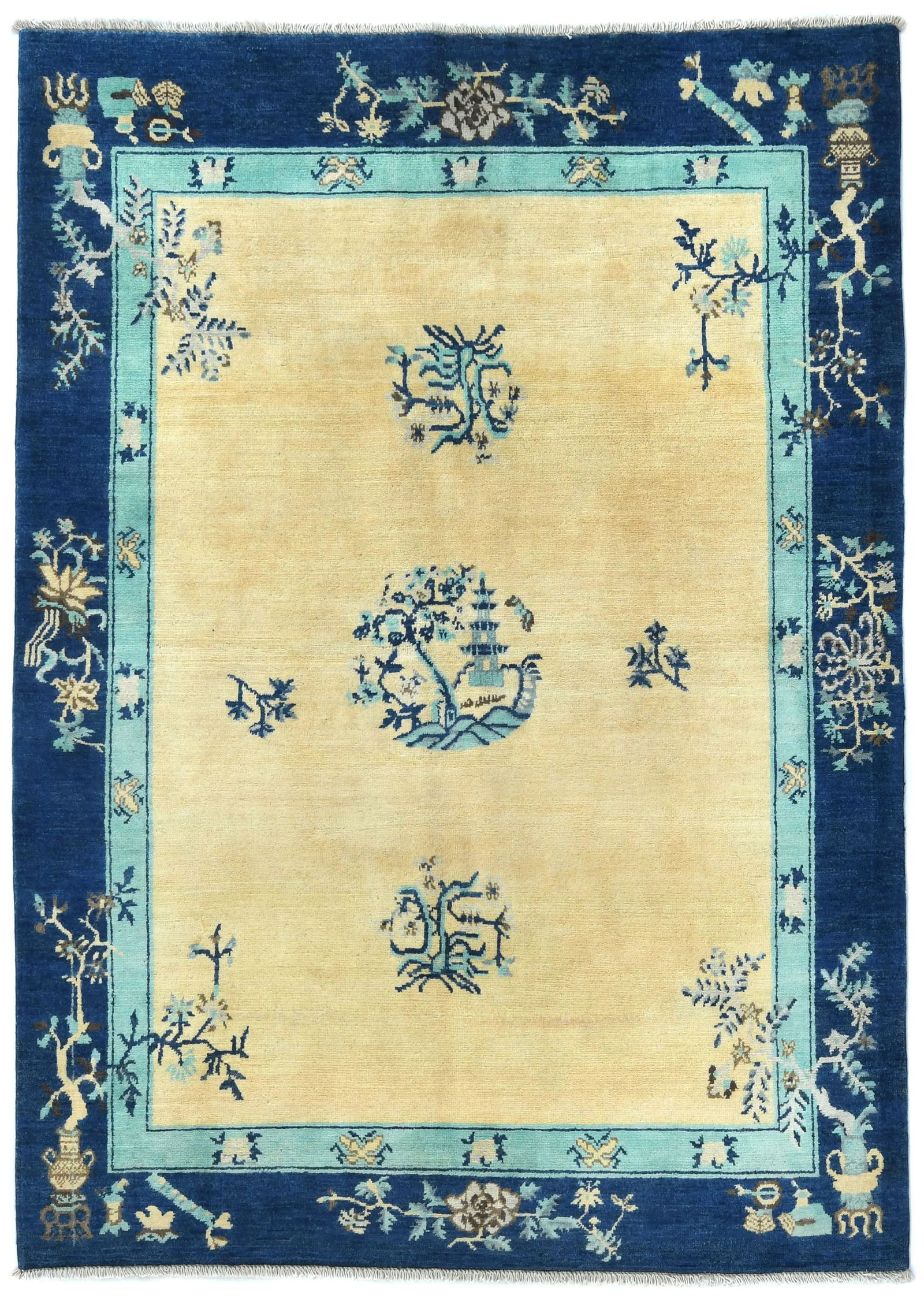 Cream Bordered Modern 5X6 Kazak Osuhak Pakistan Rug: Title: Cream Bordered Modern 5X6 Kazak Osuhak Pakistan RugDescription:Hand Knotted 5X6 cream Oriental rug made with vegetable dyes (fine wool pile and cotton foundation), exceptional knot count, and