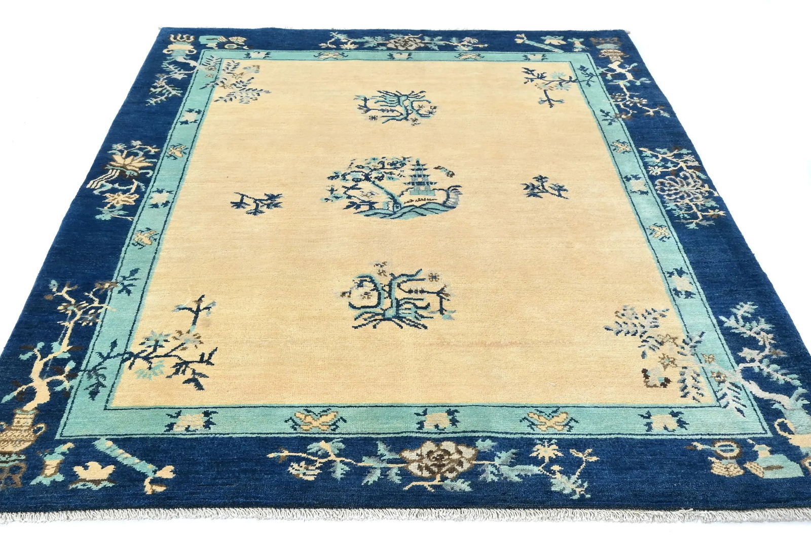 Cream Bordered Modern 5X6 Kazak Osuhak Pakistan Rug - 3
