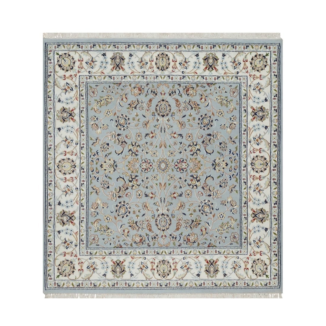 Light Blue Nain Flower Design Wool and Silk Hand Knotted Square Rug: Title: Light Blue Nain Flower Design Wool and Silk Hand Knotted Square RugDescription:This is a truly genuine one-of-a-kind. It has been Knotted for months and months in the centuries-old weaving