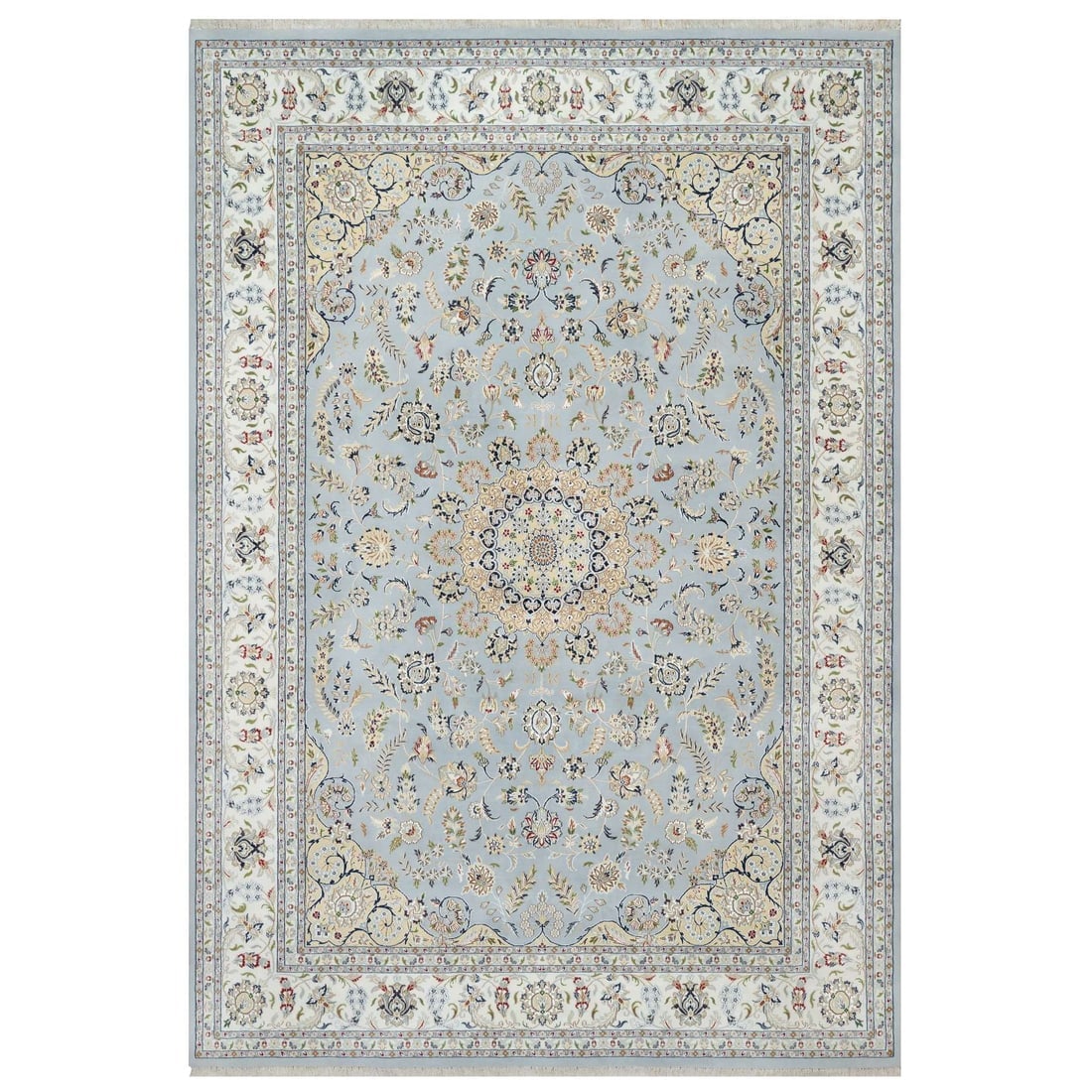Beau Blue, Wool and Silk, Hand Knotted, Nain Design, 250 KPSI Rug: Title: Beau Blue, Wool and Silk, Hand Knotted, Nain Design, 250 KPSI Rug Description:This is a truly genuine one-of-a-kind. It has been Knotted for months and months in the centuries-old weaving craft