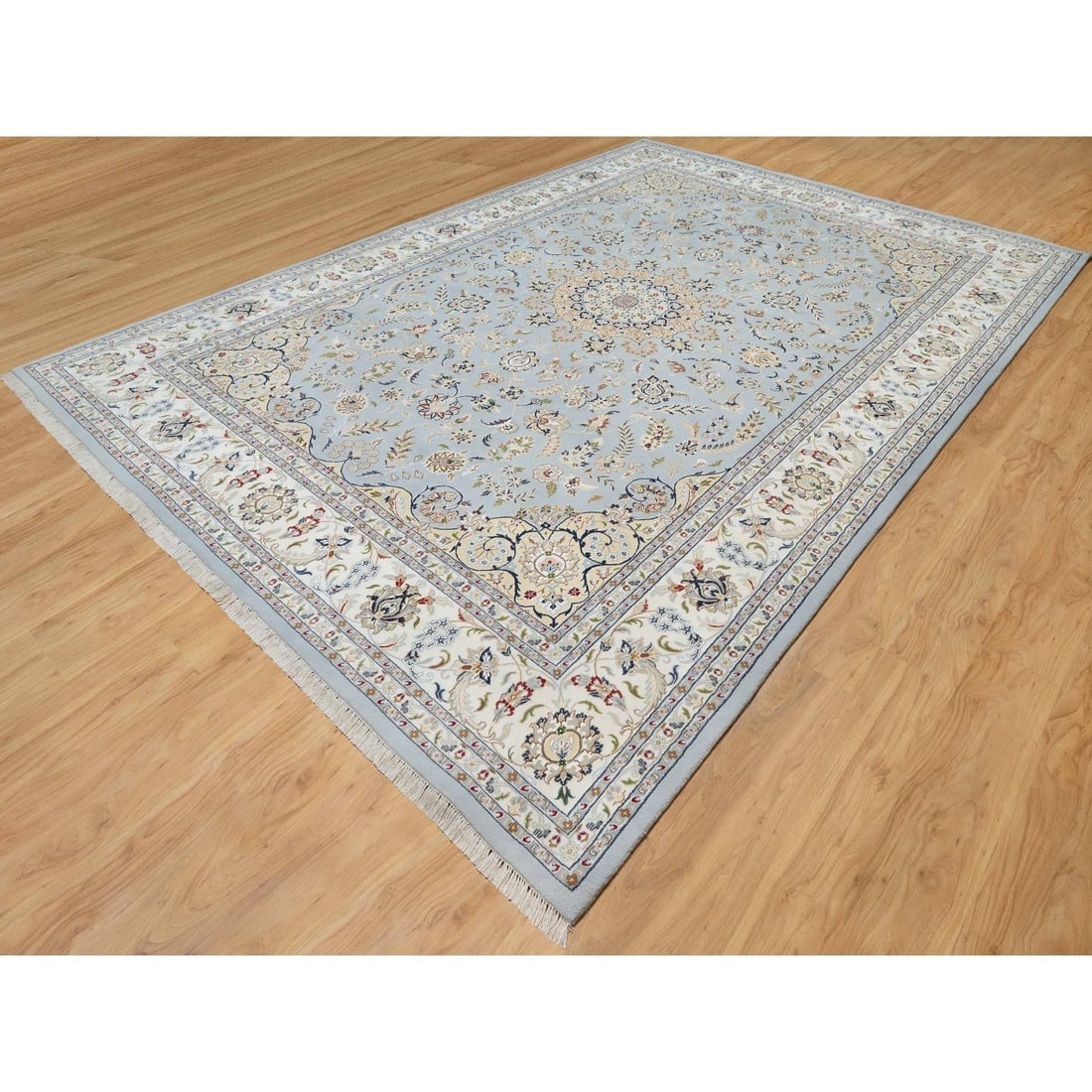 Beau Blue, Wool and Silk, Hand Knotted, Nain Design, 250 KPSI Rug - 3