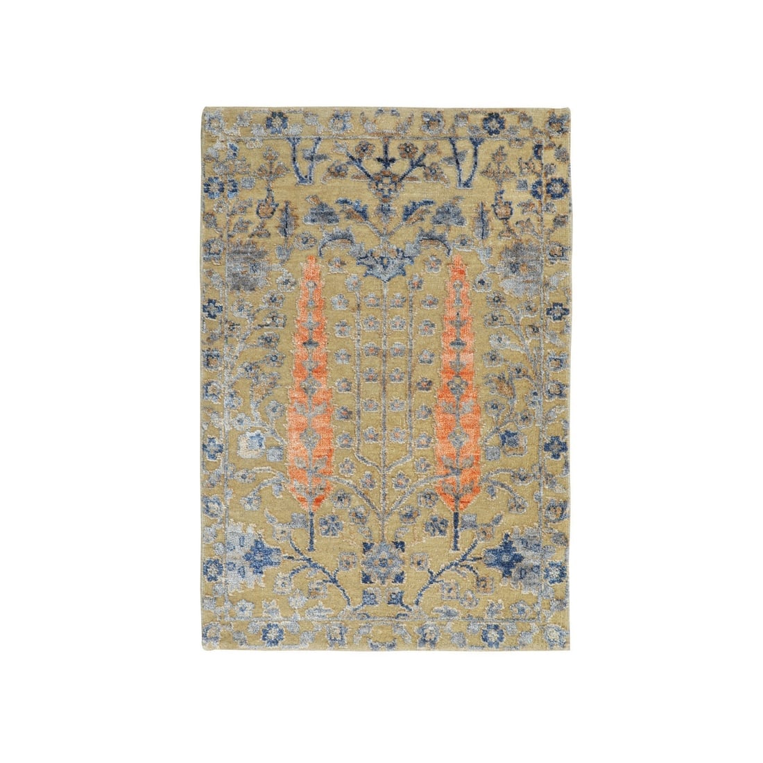 Cypress Tree Design Silk With Textured Wool Hand Knotted Oriental Rug: Title: Cypress Tree Design Silk With Textured Wool Hand Knotted Oriental RugDescription: This is a truly genuine one-of-a-kind. It has been Knotted for months and months in the centuries-old weaving