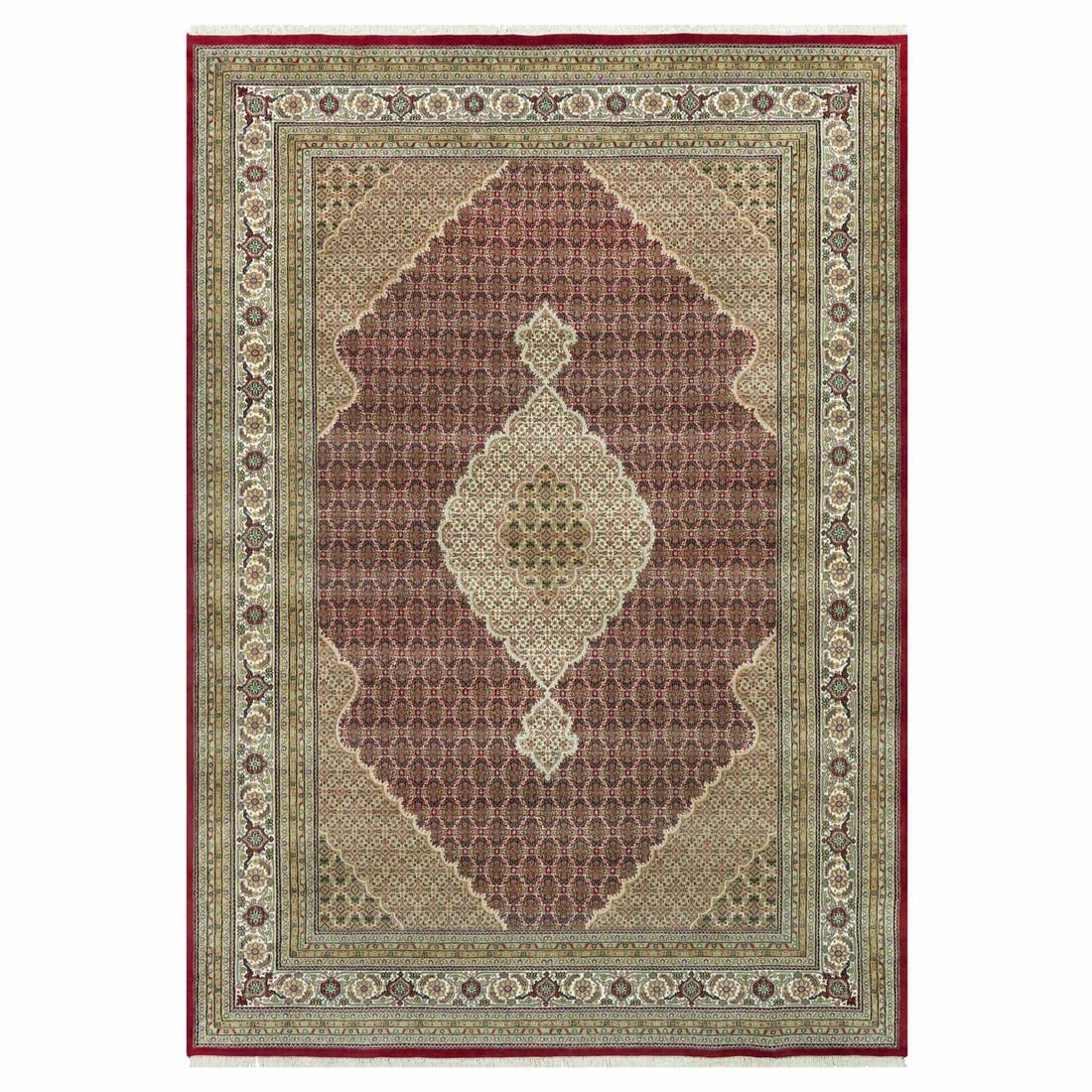 Crabby Apple Red Hand Knotted Fish Motif Mahi Design Shiny Wool Rug: Title: Crabby Apple Red Hand Knotted Fish Motif Mahi Design Shiny Wool RugDescription:This is a truly genuine one-of-a-kind. It has been Knotted for months and months in the centuries-old weaving